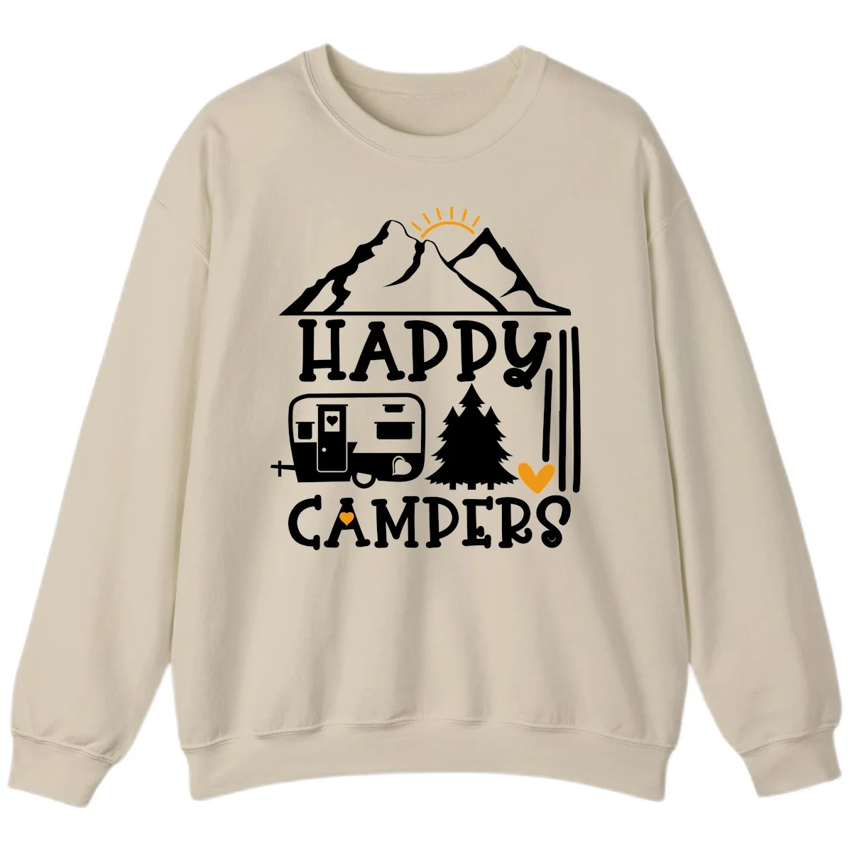 Happy Campers design with mountains, sun, RV trailer, evergreen tree, and gold hearts on gray background in Sand
