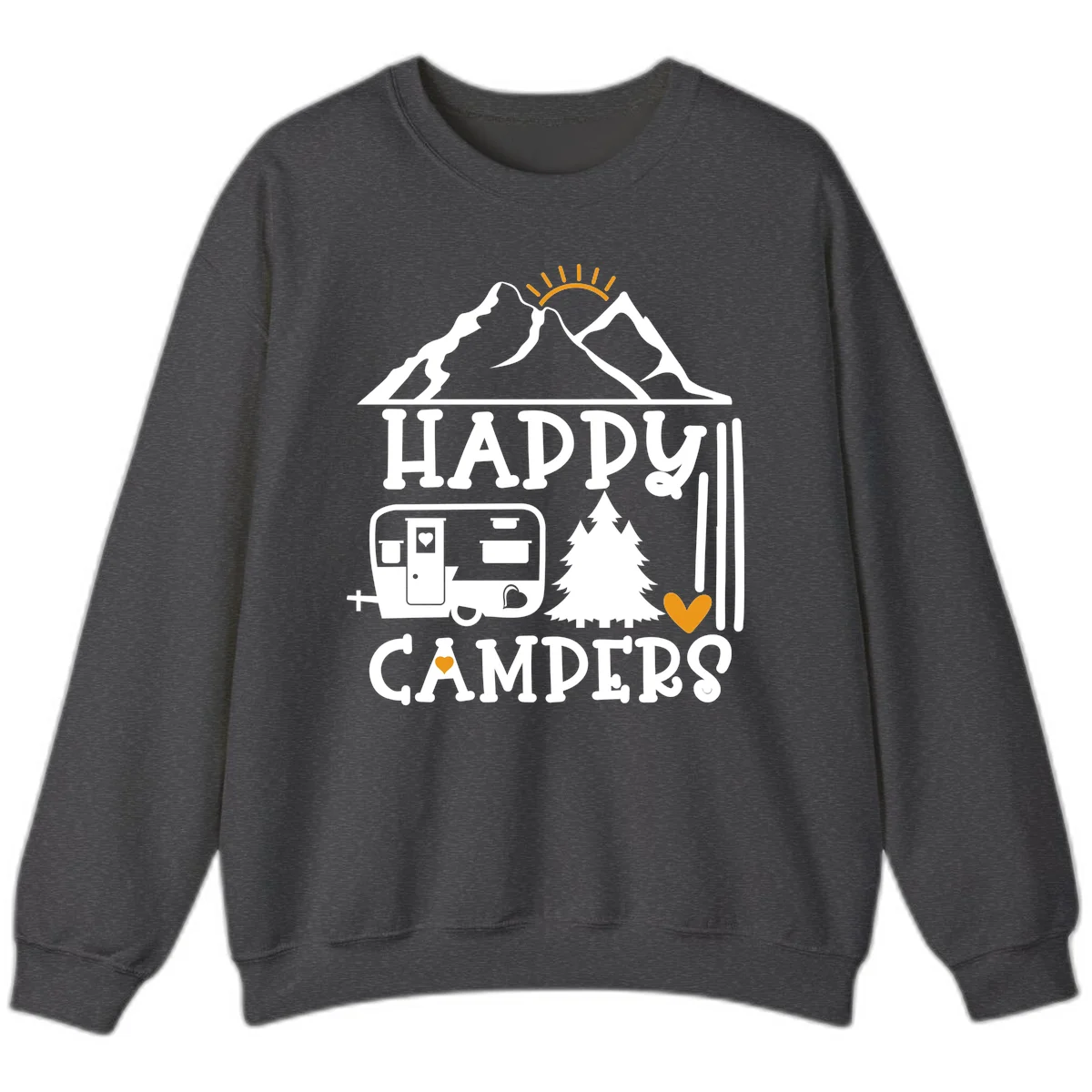 Happy Campers design with mountains, sun, RV trailer, evergreen tree, and gold hearts on gray background in Dark Heather