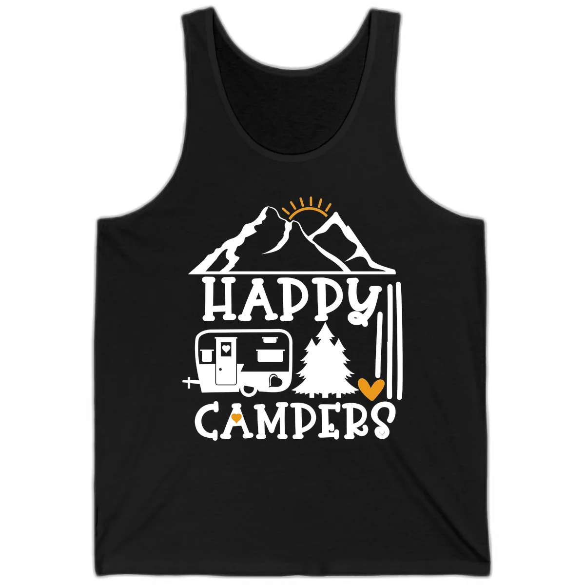 Happy Campers design with mountains, sun, RV trailer, evergreen tree, and gold hearts on gray background in Black