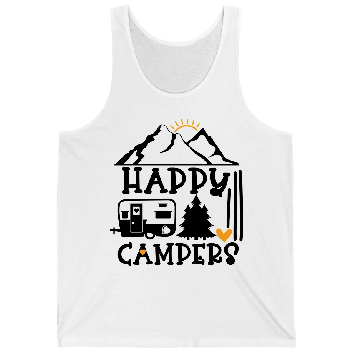 Happy Campers design with mountains, sun, RV trailer, evergreen tree, and gold hearts on gray background in White