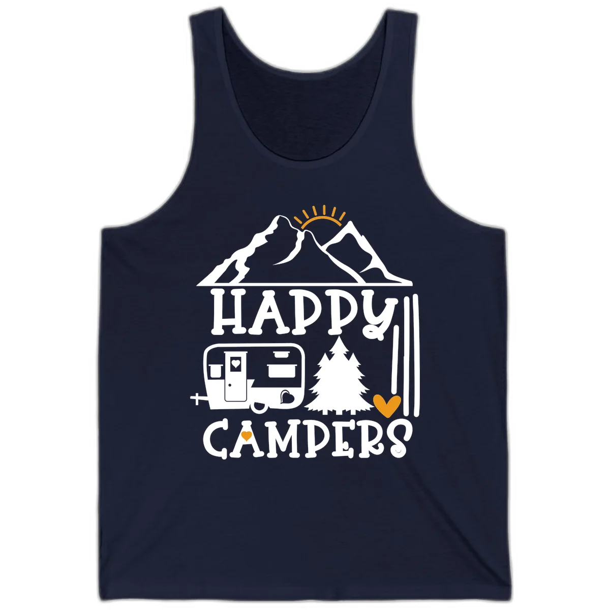 Happy Campers design with mountains, sun, RV trailer, evergreen tree, and gold hearts on gray background in Navy