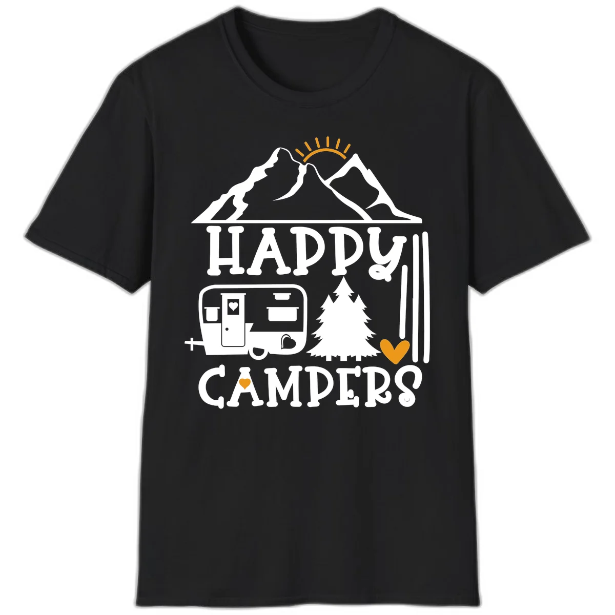 Happy Campers design with mountains, sun, RV trailer, evergreen tree, and gold hearts on gray background in Black