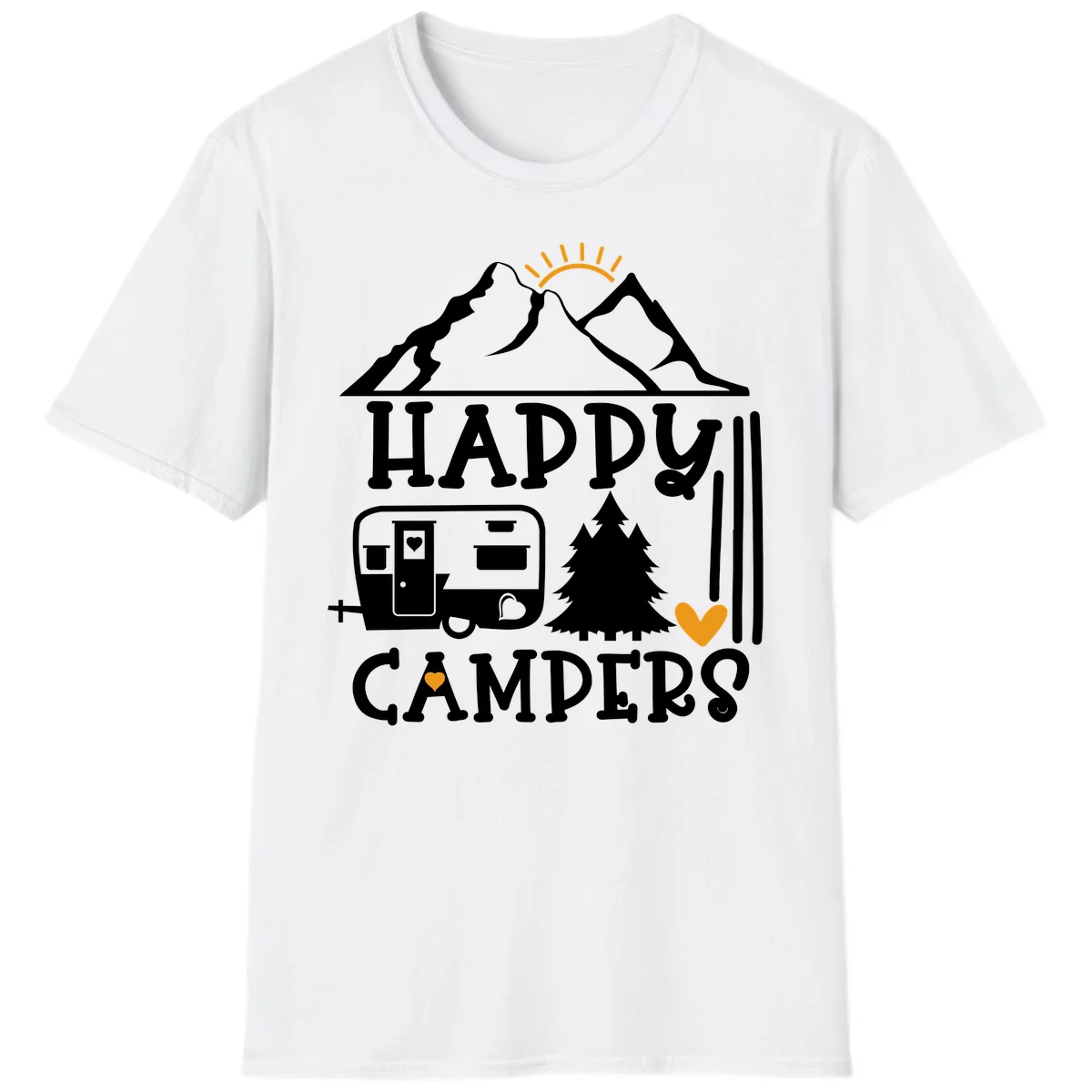 Happy Campers design with mountains, sun, RV trailer, evergreen tree, and gold hearts on gray background in White