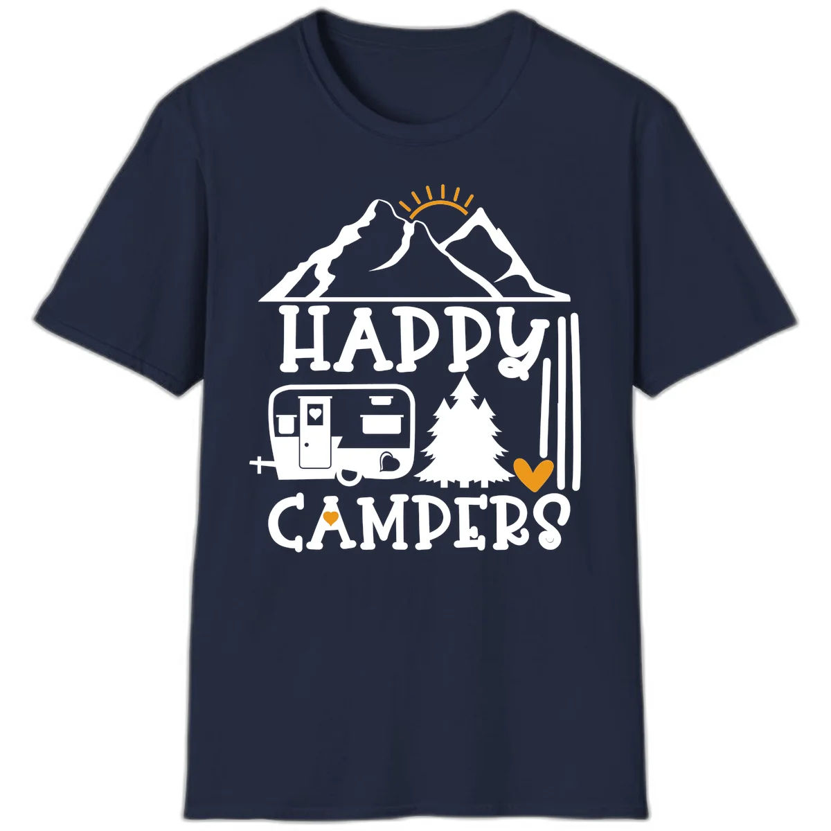 Happy Campers design with mountains, sun, RV trailer, evergreen tree, and gold hearts on gray background in Navy