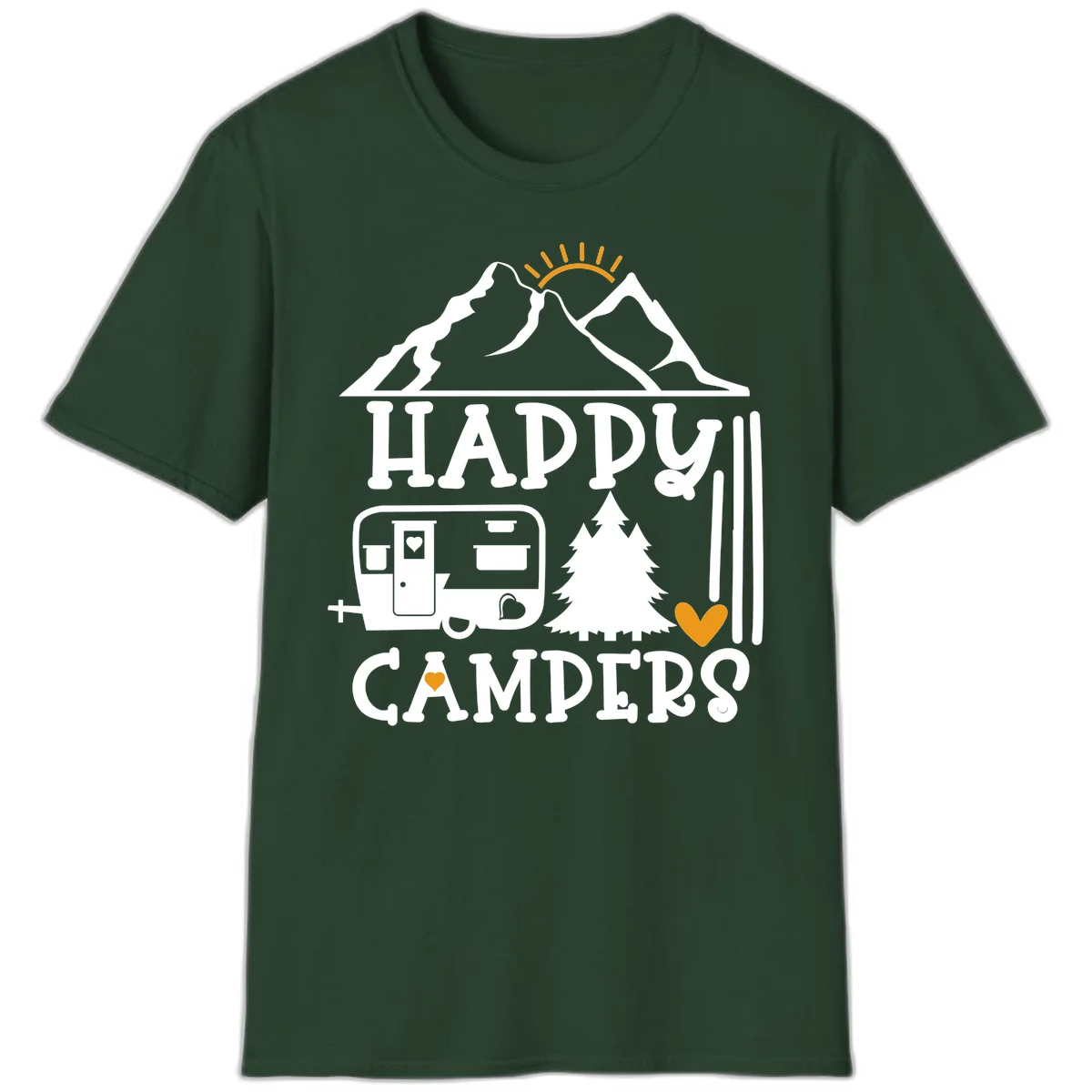 Happy Campers design with mountains, sun, RV trailer, evergreen tree, and gold hearts on gray background in Forest Green