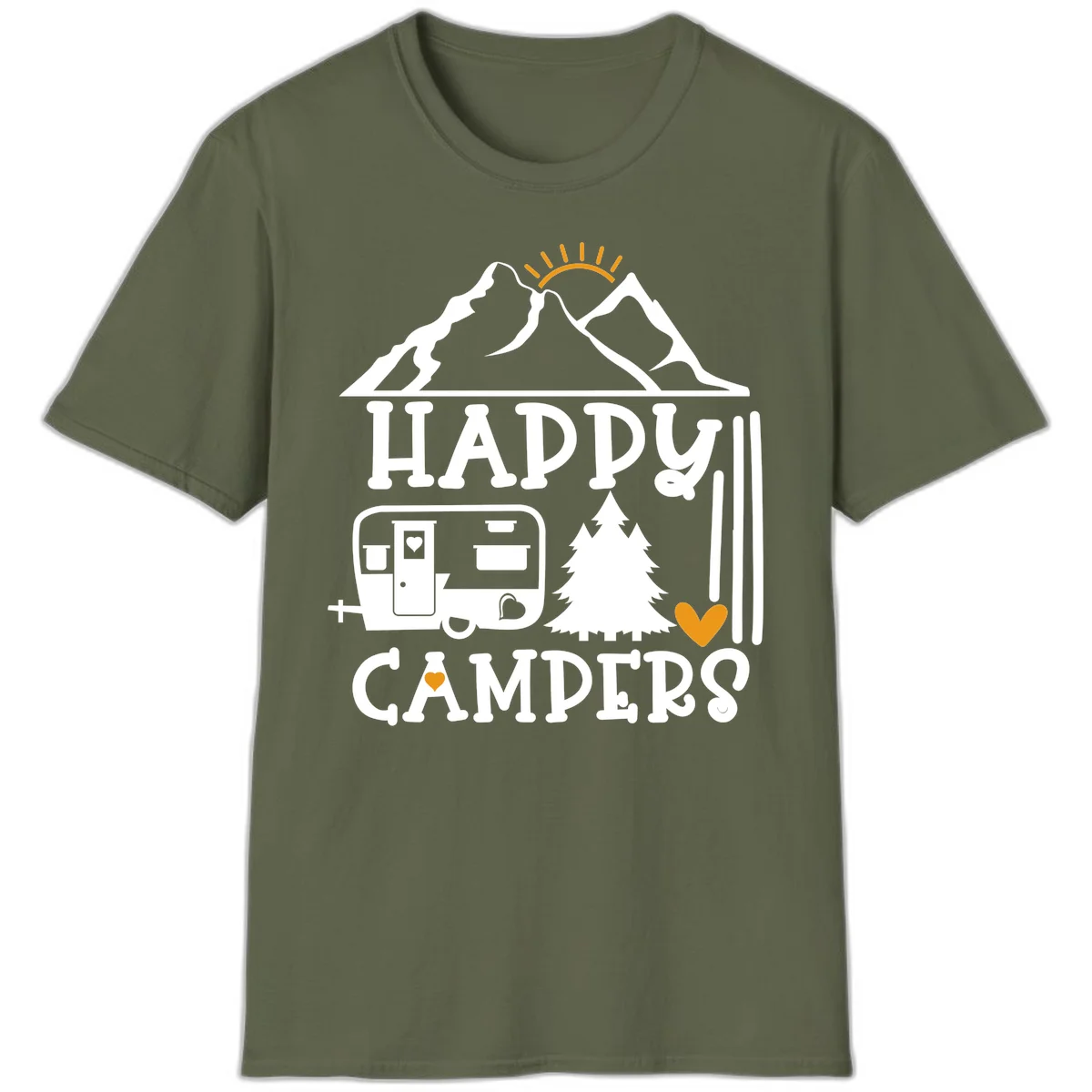 Happy Campers design with mountains, sun, RV trailer, evergreen tree, and gold hearts on gray background in Military Green
