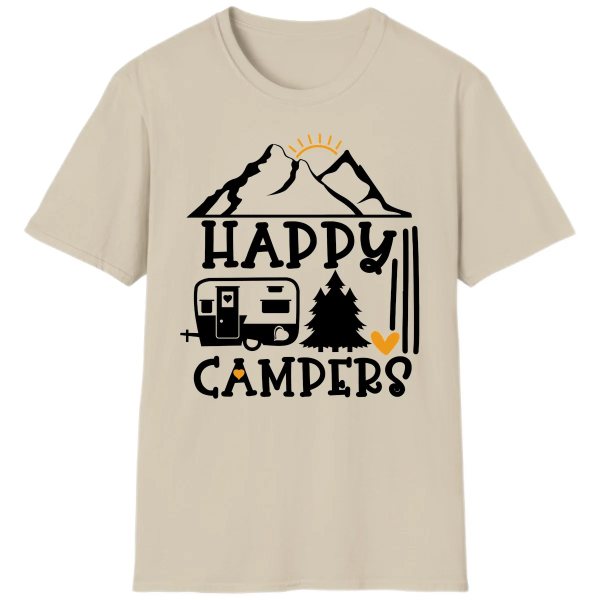 Happy Campers design with mountains, sun, RV trailer, evergreen tree, and gold hearts on gray background in Sand