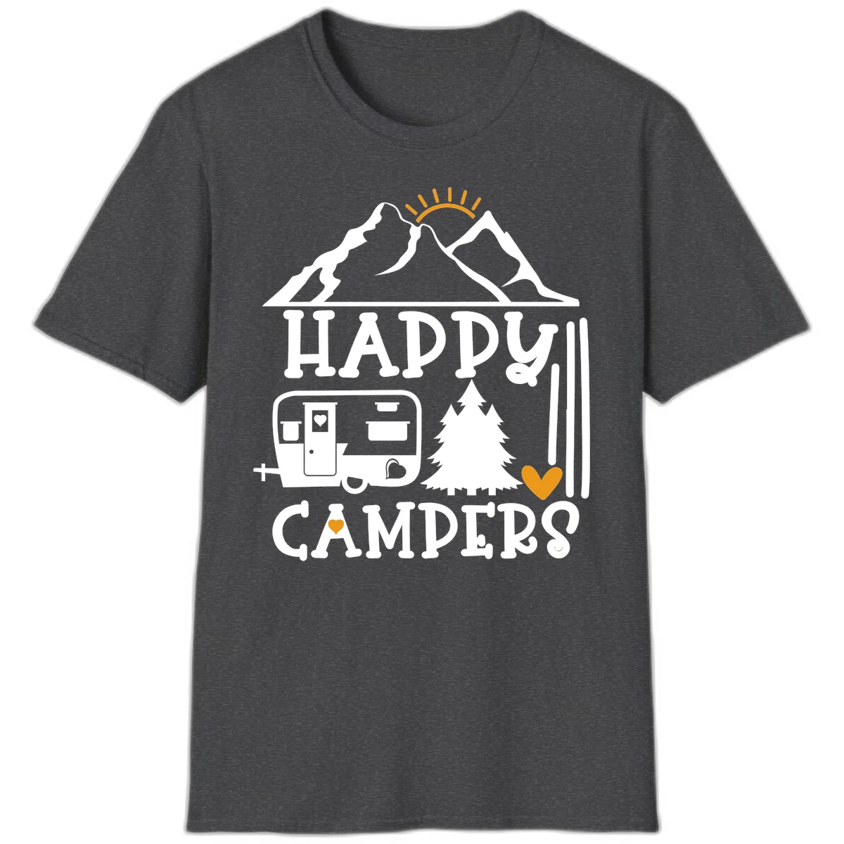 Happy Campers design with mountains, sun, RV trailer, evergreen tree, and gold hearts on gray background in Dark Heather