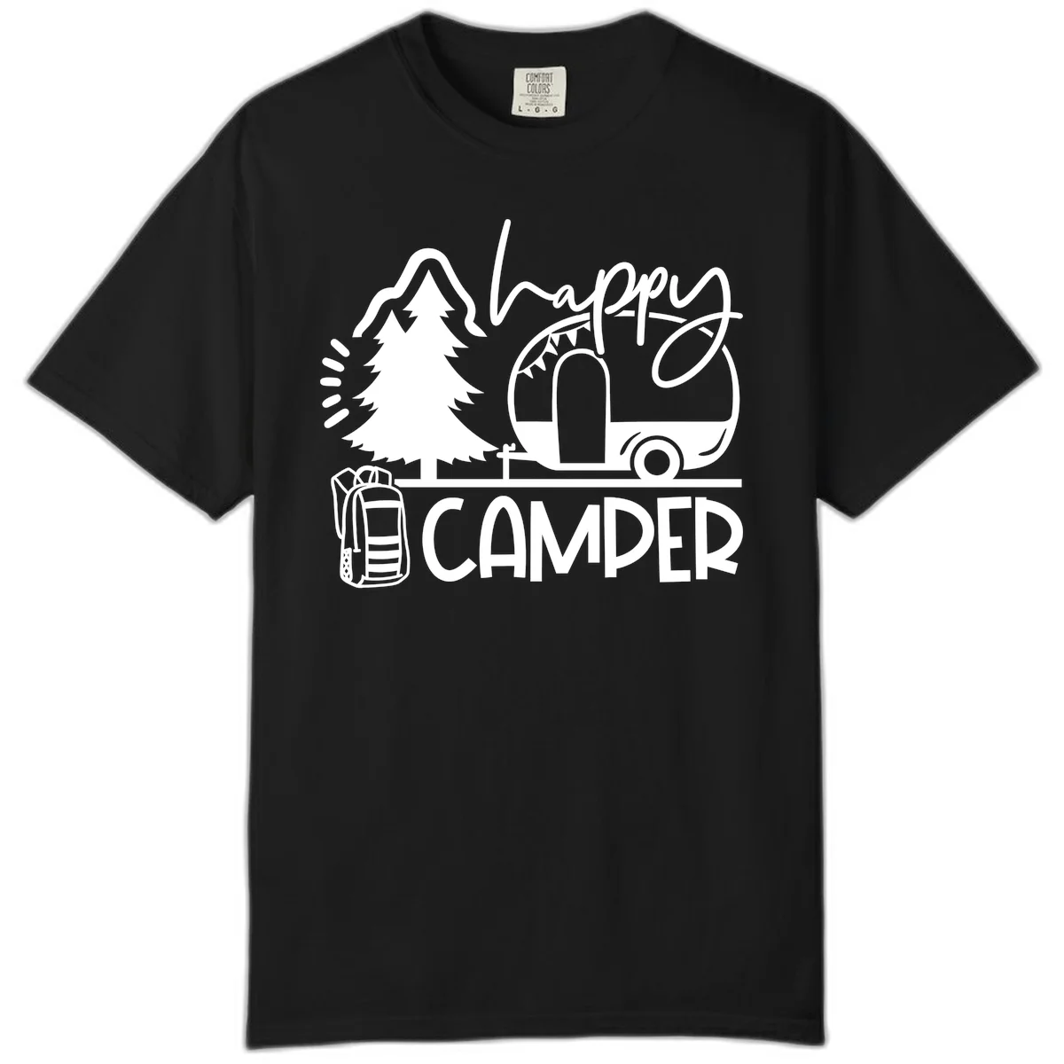 Happy Camper design with evergreen tree, vintage teardrop trailer, backpack, and radiating light rays in white on gray background. in Black