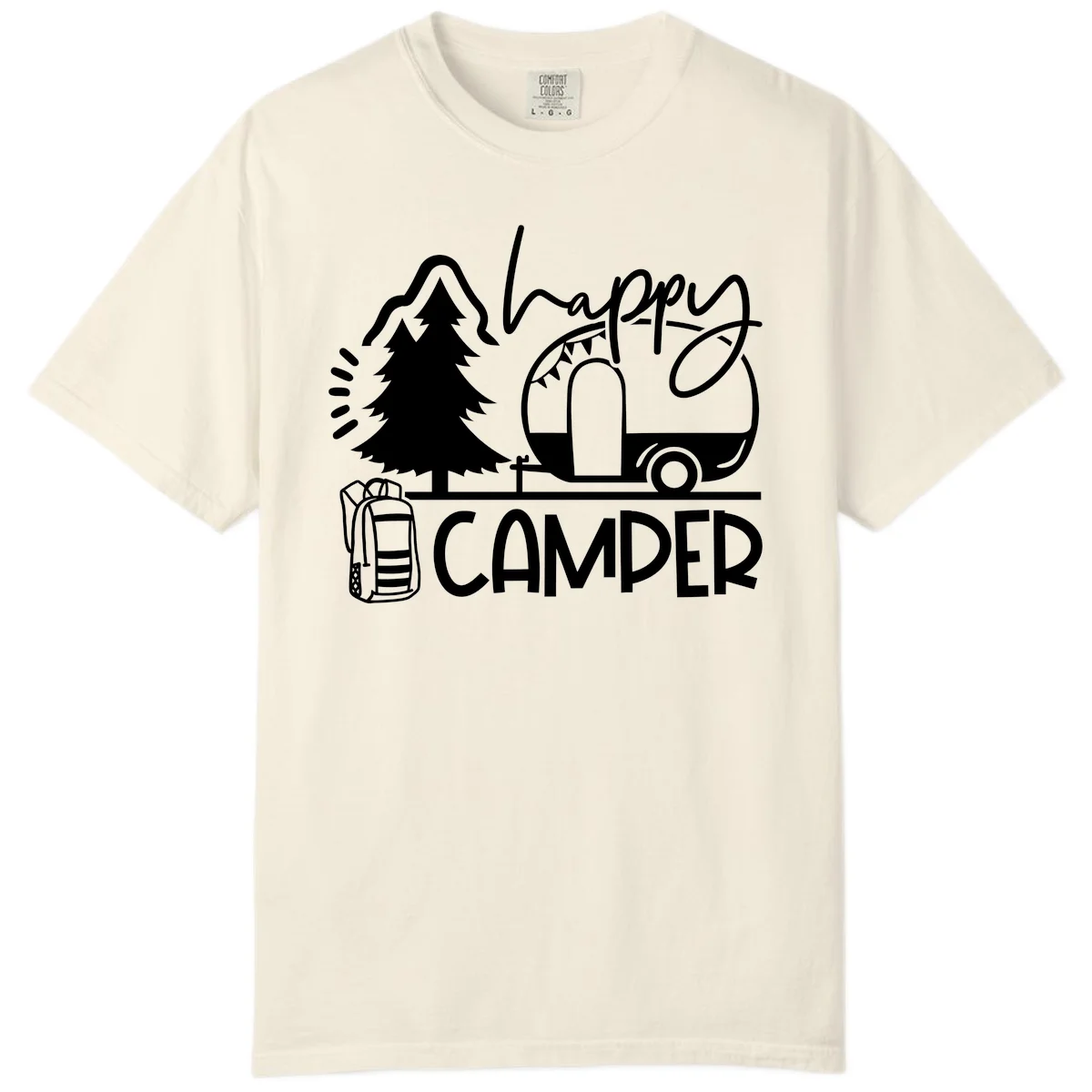 Happy Camper design with evergreen tree, vintage teardrop trailer, backpack, and radiating light rays in white on gray background. in Ivory