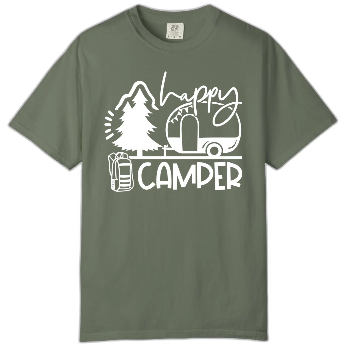 Happy Camper design with evergreen tree, vintage teardrop trailer, backpack, and radiating light rays in white on gray background. in Moss
