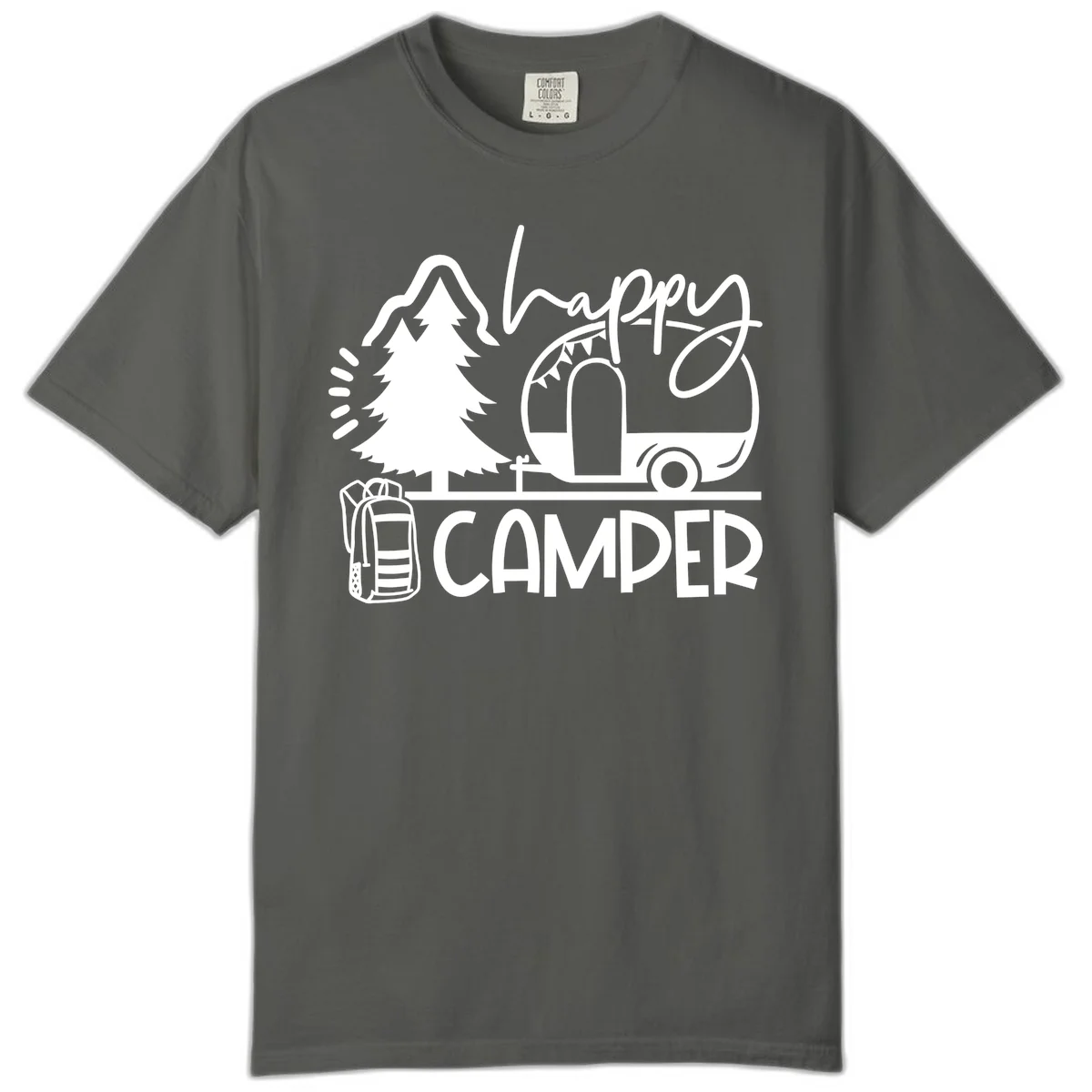 Happy Camper design with evergreen tree, vintage teardrop trailer, backpack, and radiating light rays in white on gray background. in Pepper