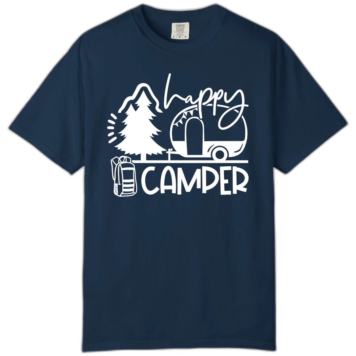 Happy Camper design with evergreen tree, vintage teardrop trailer, backpack, and radiating light rays in white on gray background. in True Navy