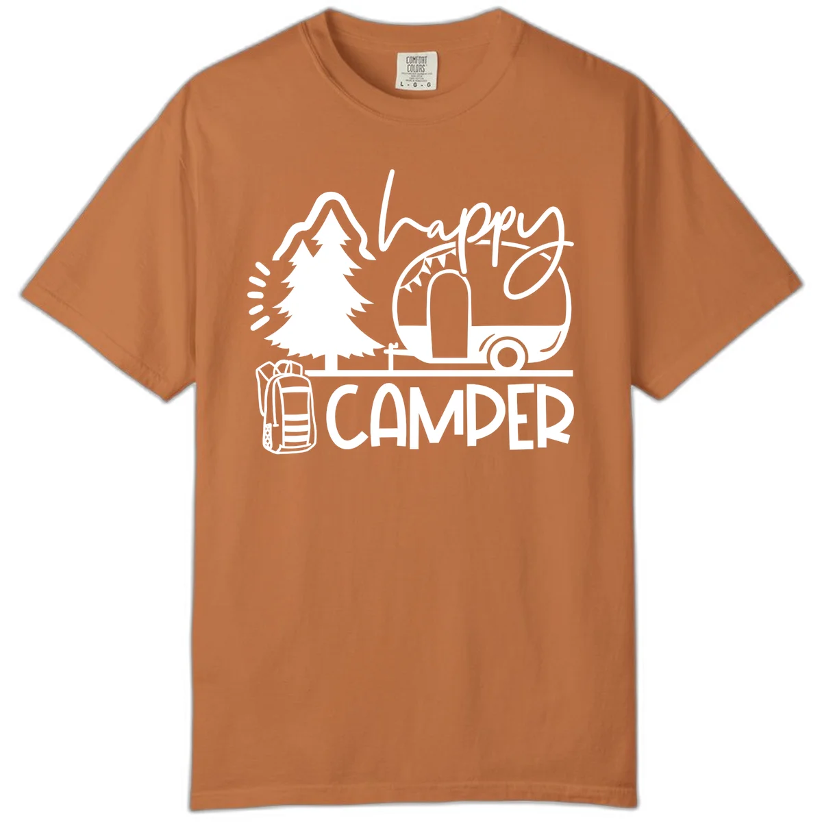 Happy Camper design with evergreen tree, vintage teardrop trailer, backpack, and radiating light rays in white on gray background. in Yam