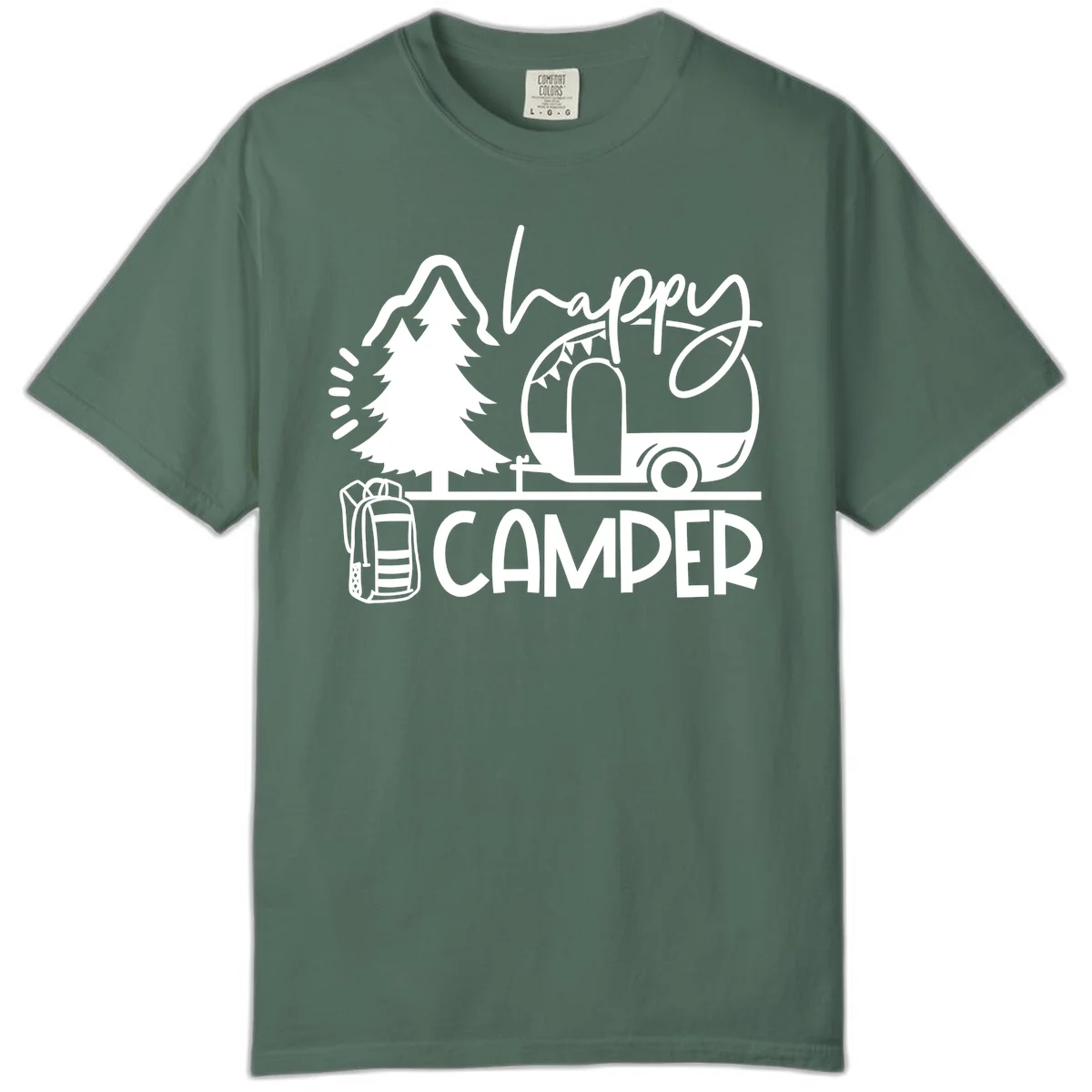Happy Camper design with evergreen tree, vintage teardrop trailer, backpack, and radiating light rays in white on gray background. in Blue Spruce