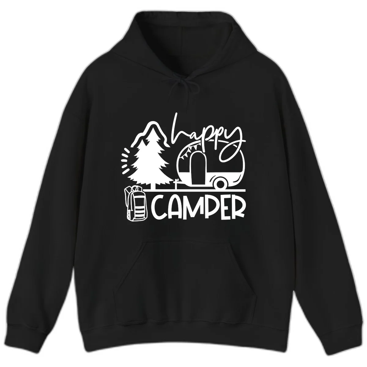Happy Camper design with evergreen tree, vintage teardrop trailer, backpack, and radiating light rays in white on gray background. in Black
