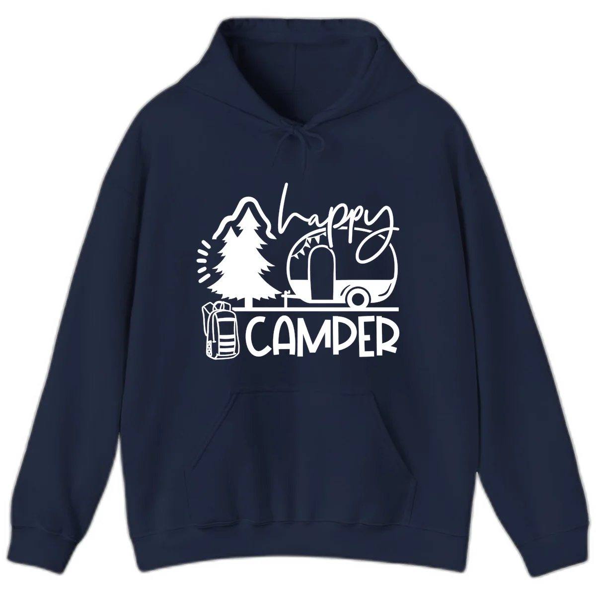 Happy Camper design with evergreen tree, vintage teardrop trailer, backpack, and radiating light rays in white on gray background. in Navy