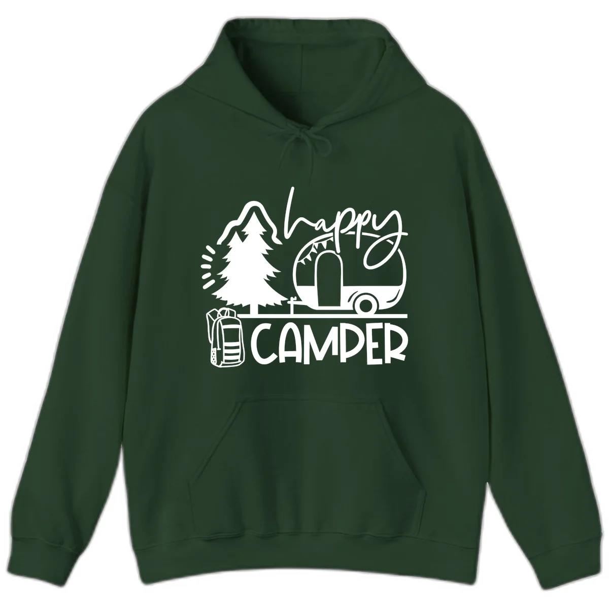 Happy Camper design with evergreen tree, vintage teardrop trailer, backpack, and radiating light rays in white on gray background. in Forest Green