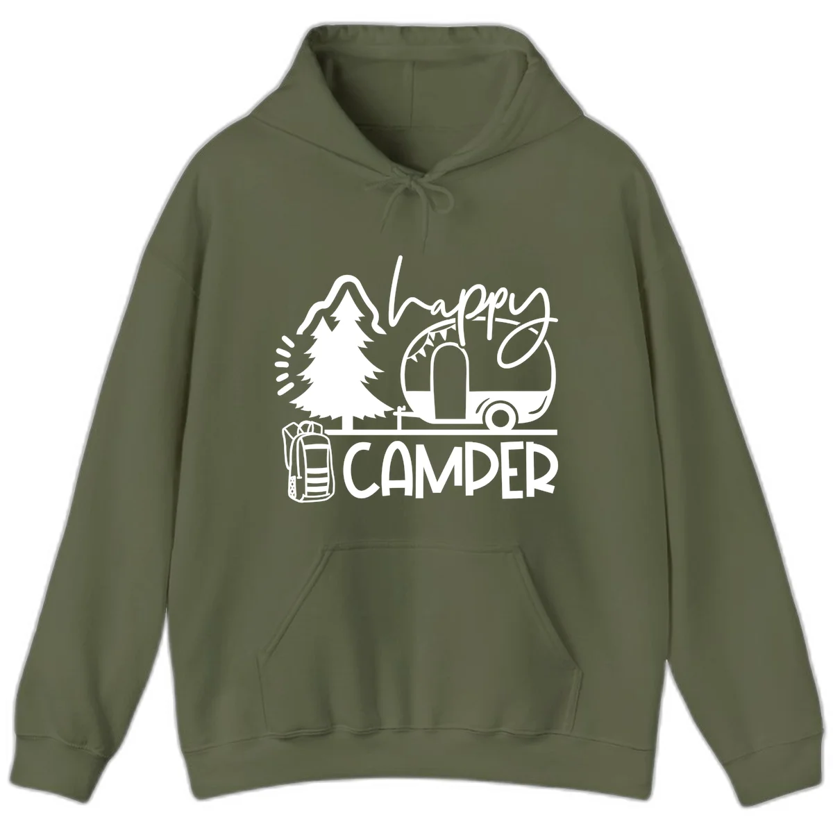 Happy Camper design with evergreen tree, vintage teardrop trailer, backpack, and radiating light rays in white on gray background. in Military Green