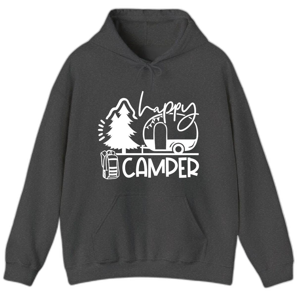 Happy Camper design with evergreen tree, vintage teardrop trailer, backpack, and radiating light rays in white on gray background. in Dark Heather