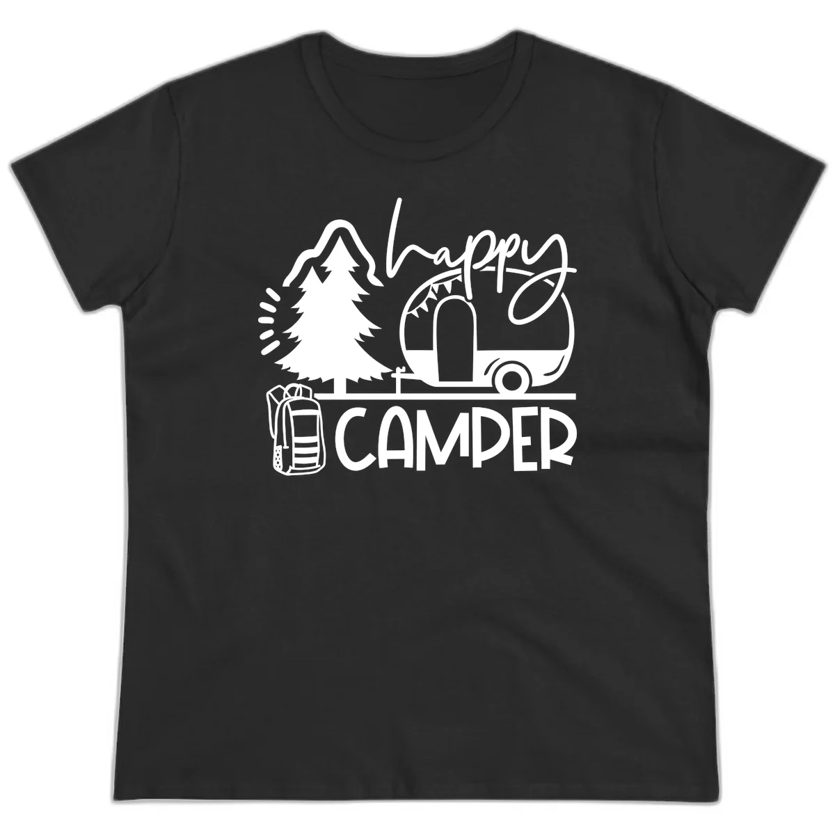 Happy Camper design with evergreen tree, vintage teardrop trailer, backpack, and radiating light rays in white on gray background. in Black