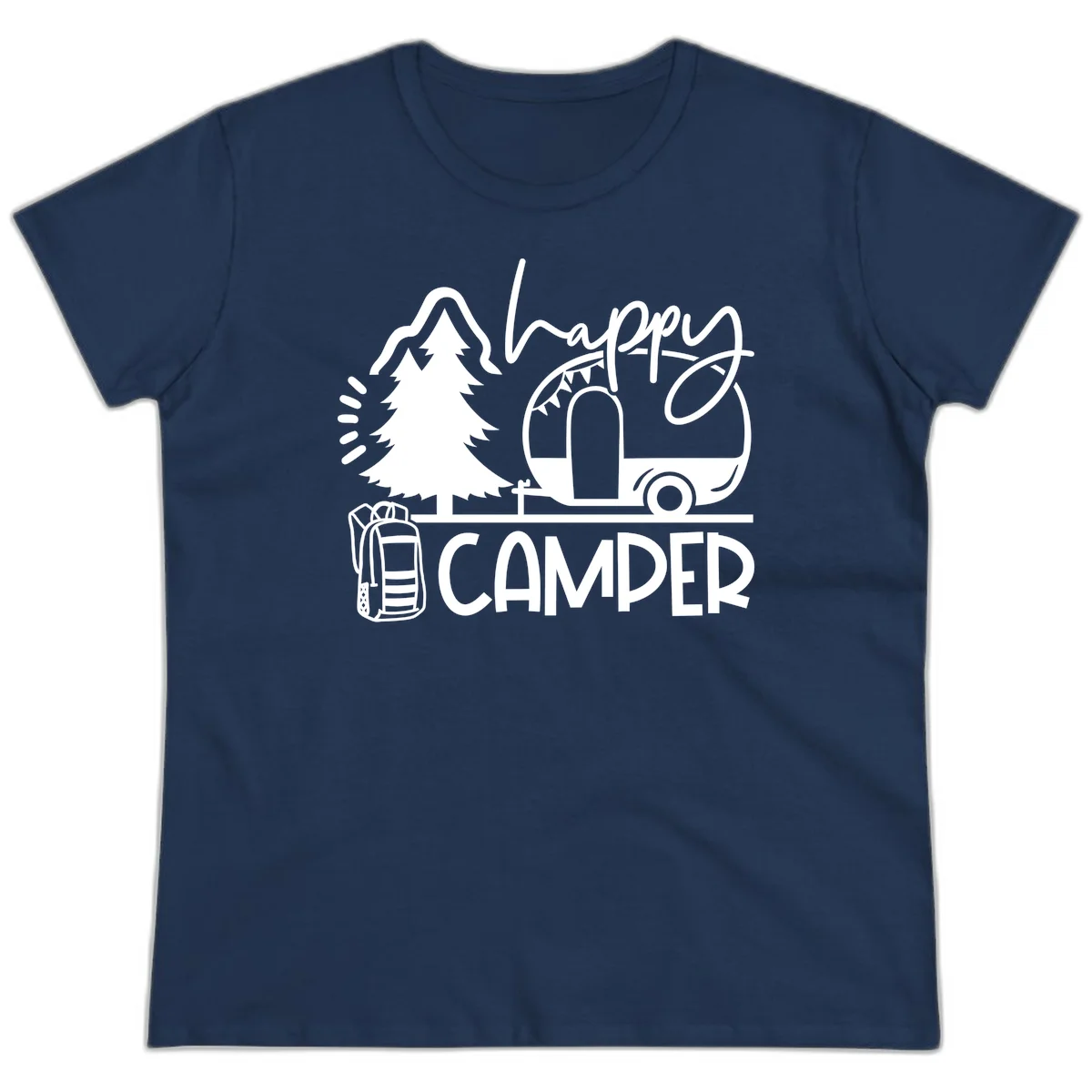 Happy Camper design with evergreen tree, vintage teardrop trailer, backpack, and radiating light rays in white on gray background. in Navy