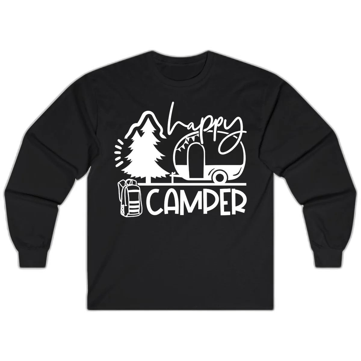 Happy Camper design with evergreen tree, vintage teardrop trailer, backpack, and radiating light rays in white on gray background. in Black