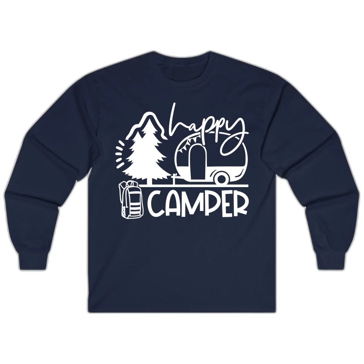 Happy Camper design with evergreen tree, vintage teardrop trailer, backpack, and radiating light rays in white on gray background. in Navy