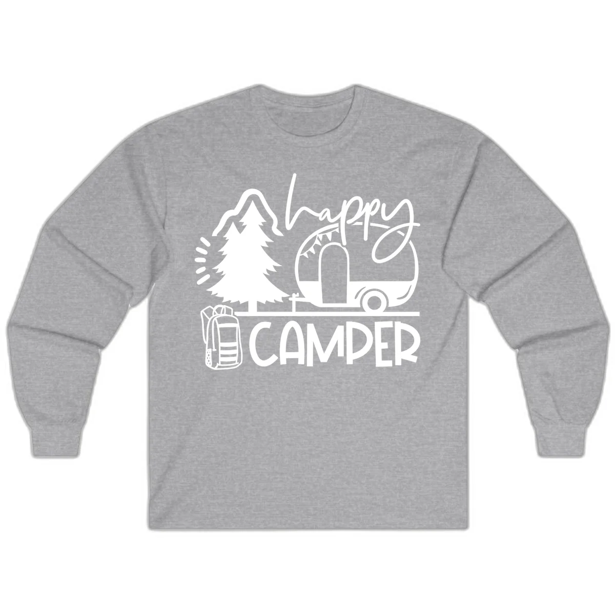 Happy Camper design with evergreen tree, vintage teardrop trailer, backpack, and radiating light rays in white on gray background. in Sport Grey