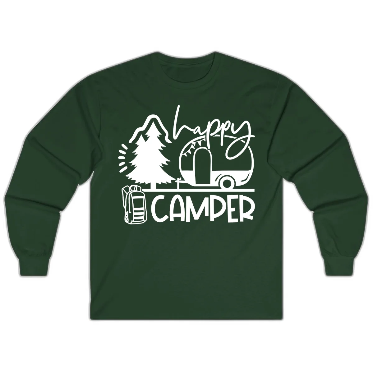 Happy Camper design with evergreen tree, vintage teardrop trailer, backpack, and radiating light rays in white on gray background. in Forest Green