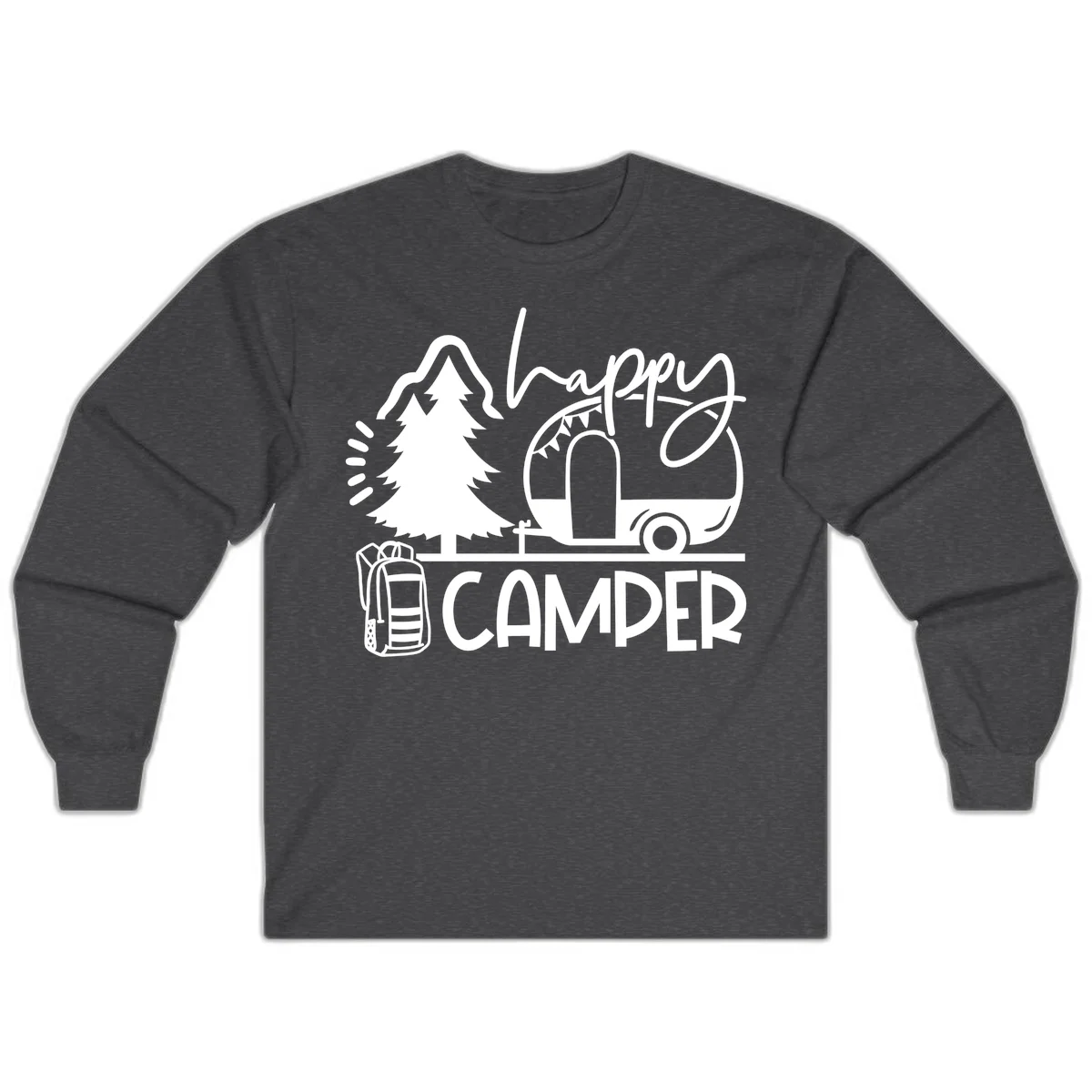 Happy Camper design with evergreen tree, vintage teardrop trailer, backpack, and radiating light rays in white on gray background. in Dark Heather