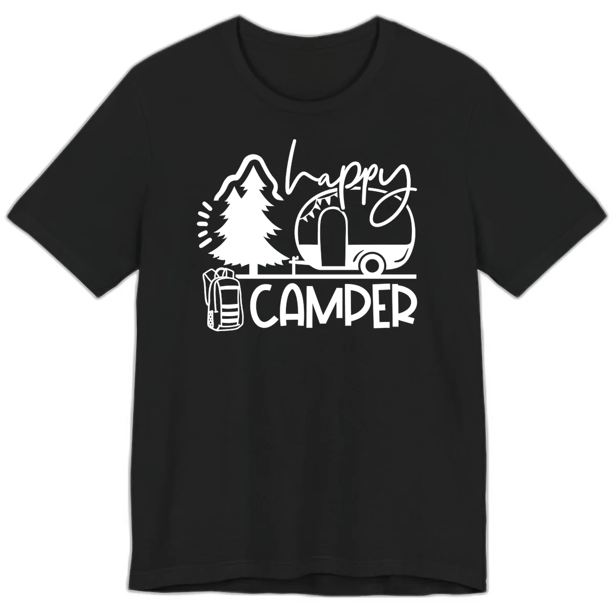 Happy Camper design with evergreen tree, vintage teardrop trailer, backpack, and radiating light rays in white on gray background. in Black