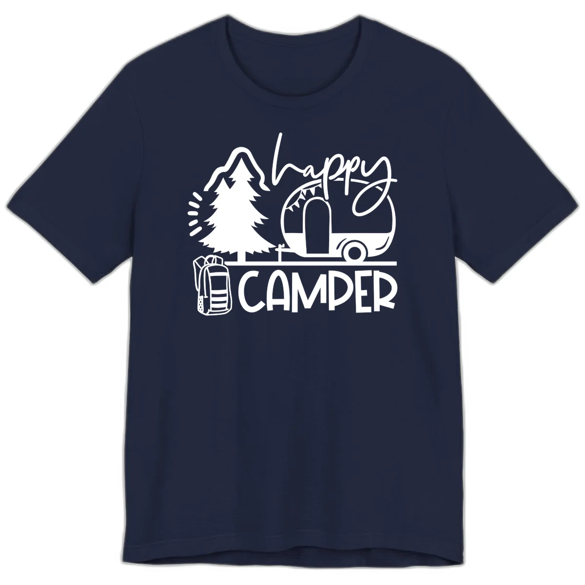 Happy Camper design with evergreen tree, vintage teardrop trailer, backpack, and radiating light rays in white on gray background. in Navy