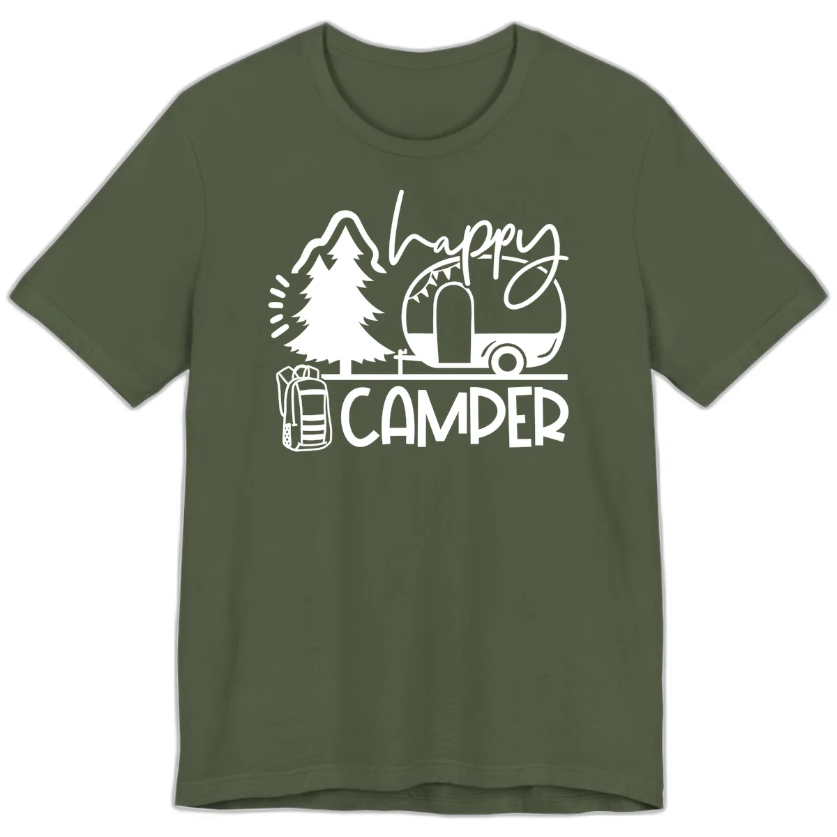 Happy Camper design with evergreen tree, vintage teardrop trailer, backpack, and radiating light rays in white on gray background. in Military Green