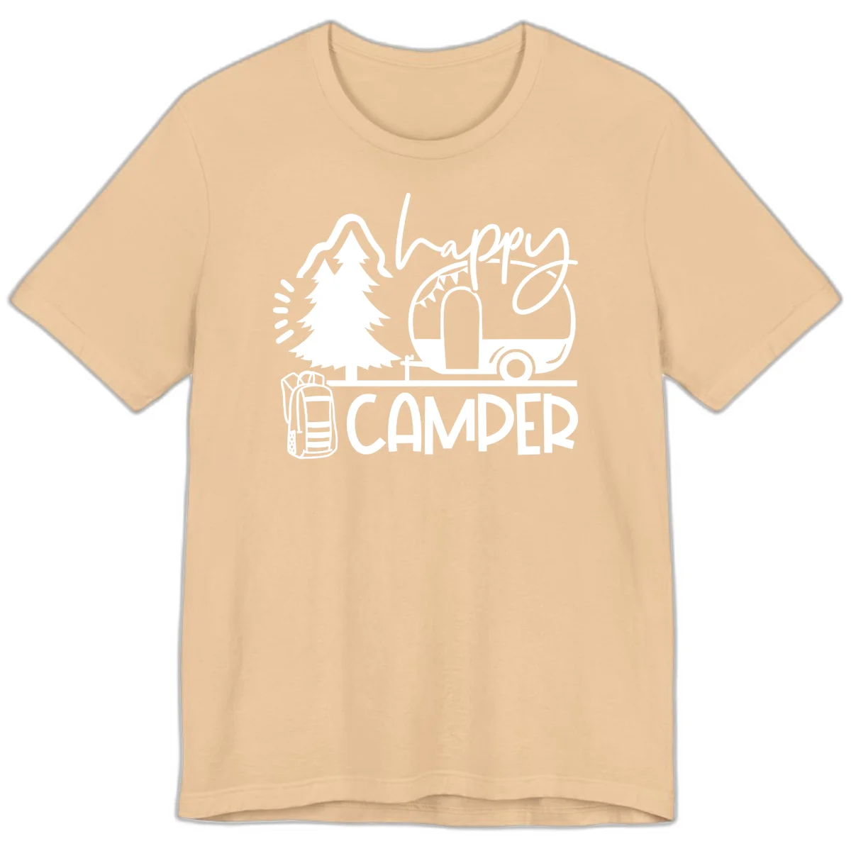 Happy Camper design with evergreen tree, vintage teardrop trailer, backpack, and radiating light rays in white on gray background. in Sand Dune