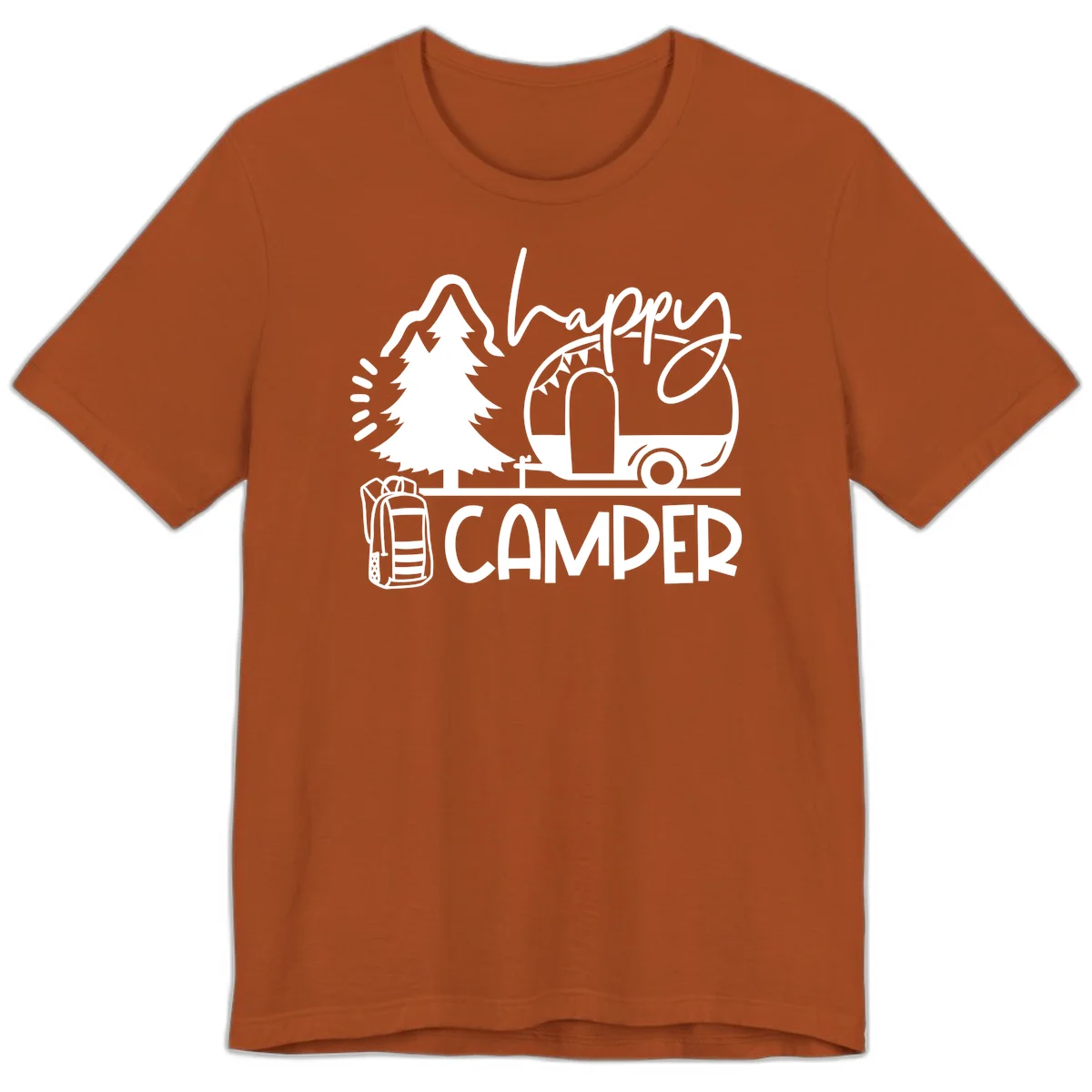 Happy Camper design with evergreen tree, vintage teardrop trailer, backpack, and radiating light rays in white on gray background. in Autumn