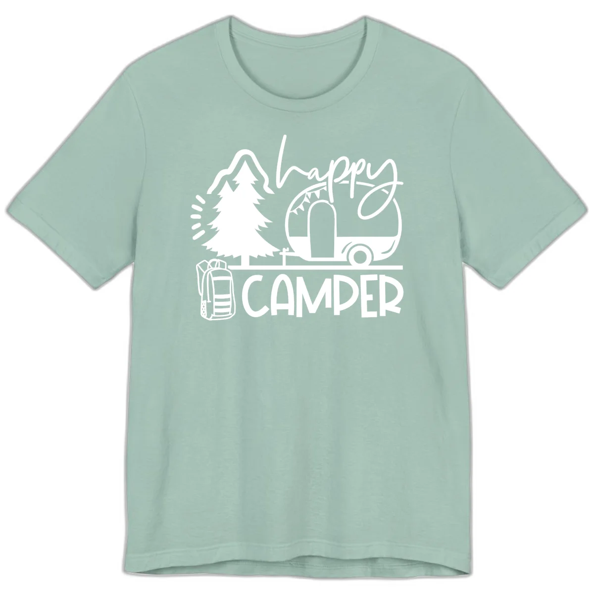 Happy Camper design with evergreen tree, vintage teardrop trailer, backpack, and radiating light rays in white on gray background. in Dusty Blue