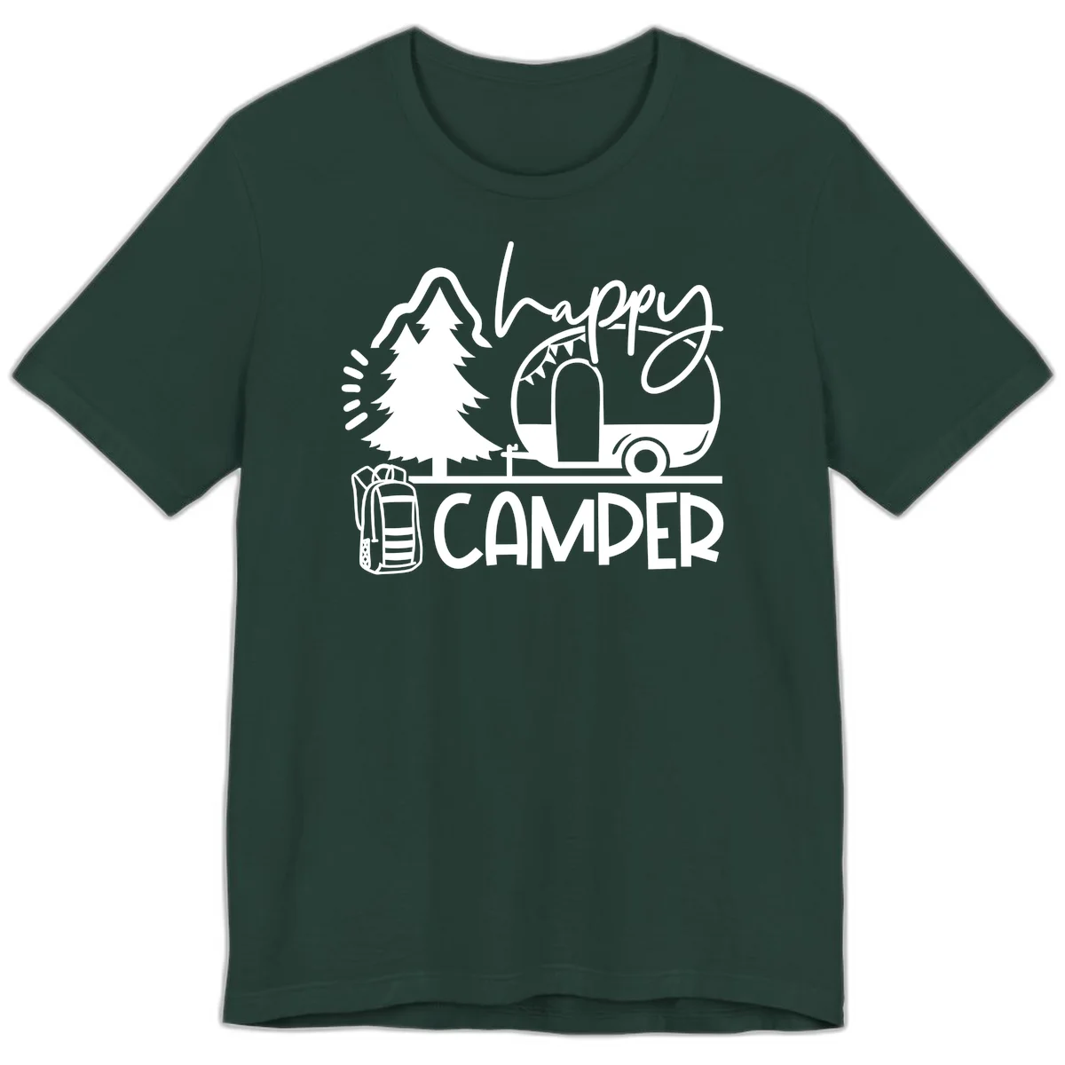 Happy Camper design with evergreen tree, vintage teardrop trailer, backpack, and radiating light rays in white on gray background. in Forest