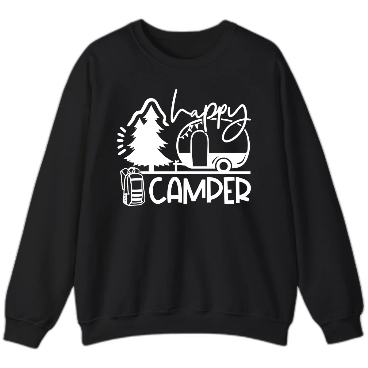 Happy Camper design with evergreen tree, vintage teardrop trailer, backpack, and radiating light rays in white on gray background. in Black