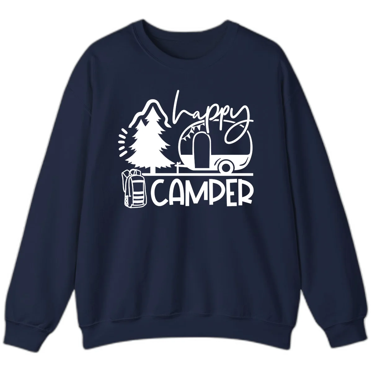 Happy Camper design with evergreen tree, vintage teardrop trailer, backpack, and radiating light rays in white on gray background. in Navy
