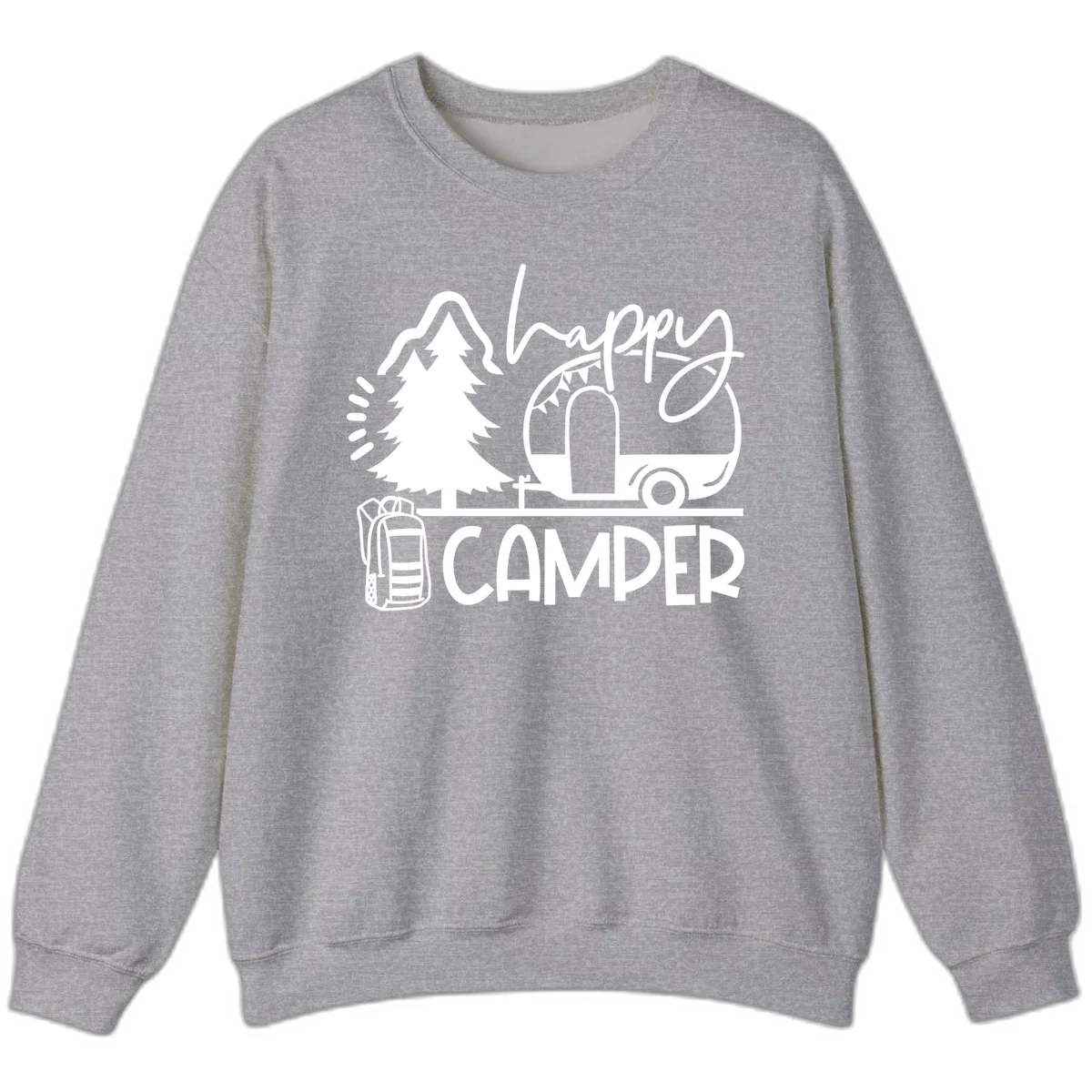 Happy Camper design with evergreen tree, vintage teardrop trailer, backpack, and radiating light rays in white on gray background. in Sport Grey