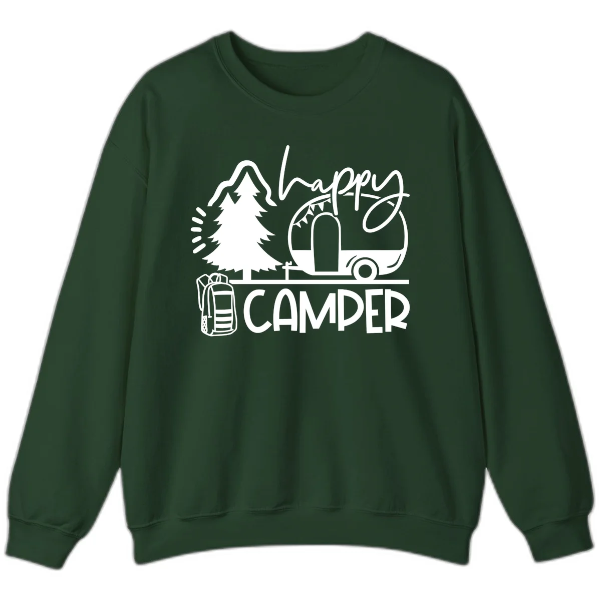 Happy Camper design with evergreen tree, vintage teardrop trailer, backpack, and radiating light rays in white on gray background. in Forest Green
