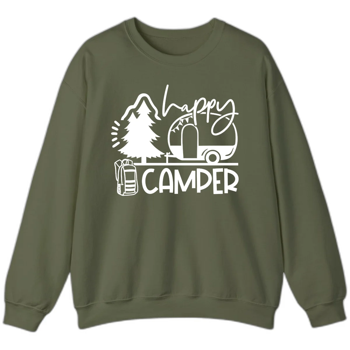 Happy Camper design with evergreen tree, vintage teardrop trailer, backpack, and radiating light rays in white on gray background. in Military Green
