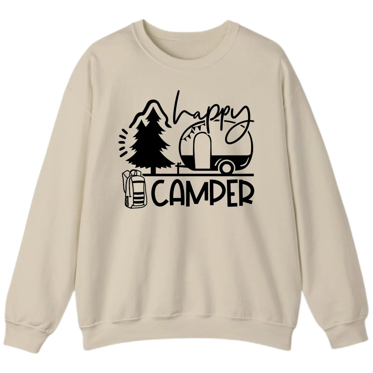 Happy Camper design with evergreen tree, vintage teardrop trailer, backpack, and radiating light rays in white on gray background. in Sand