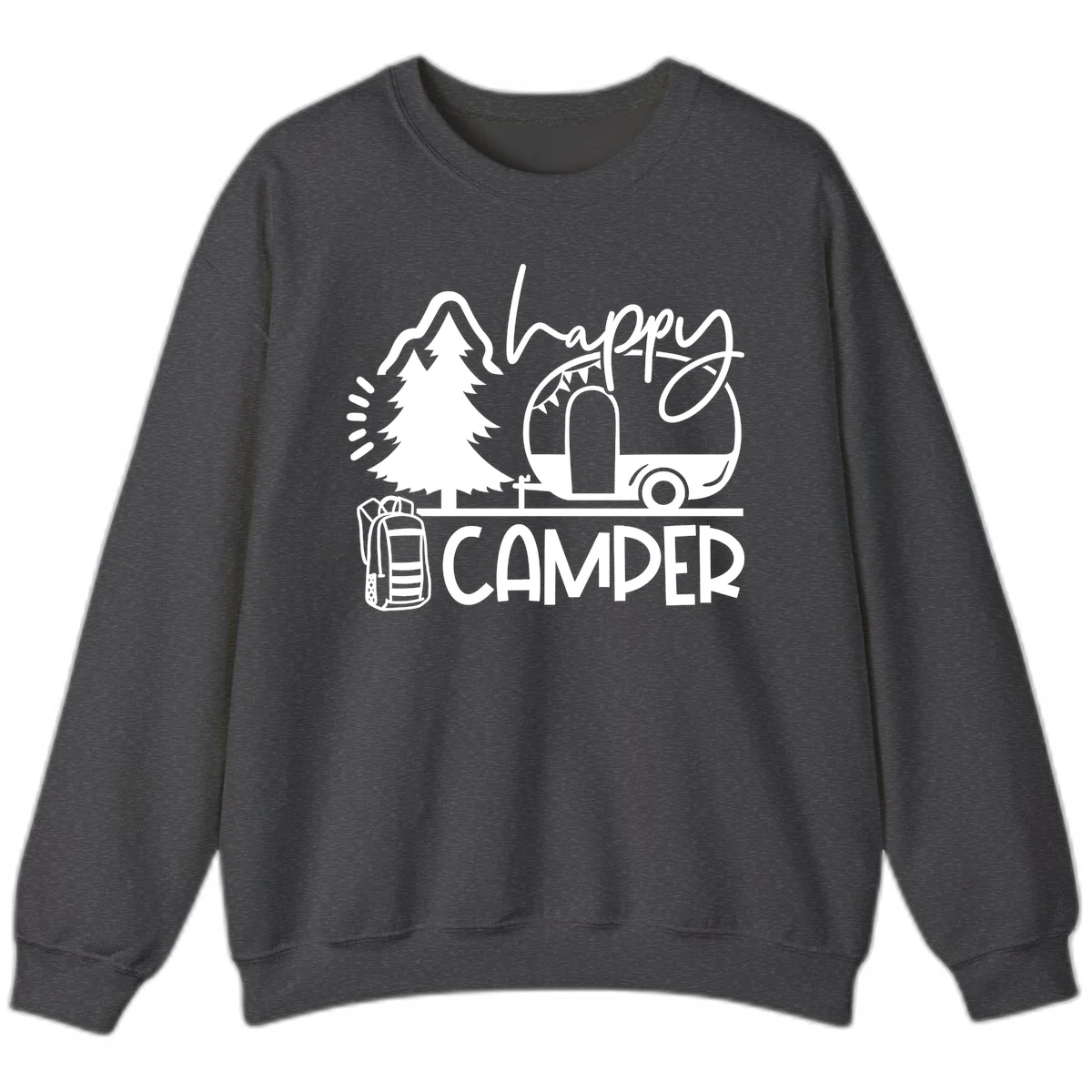 Happy Camper design with evergreen tree, vintage teardrop trailer, backpack, and radiating light rays in white on gray background. in Dark Heather