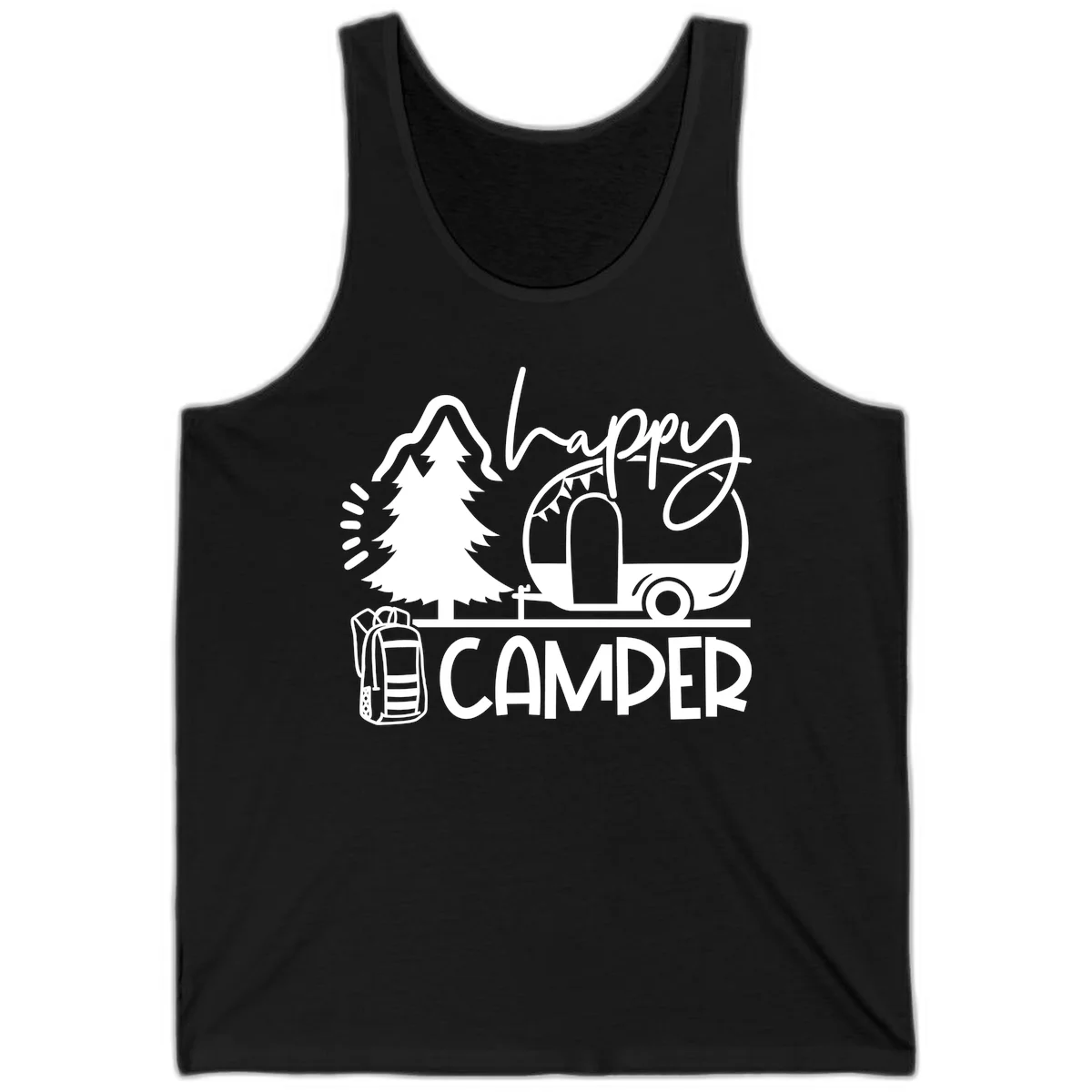 Happy Camper design with evergreen tree, vintage teardrop trailer, backpack, and radiating light rays in white on gray background. in Black