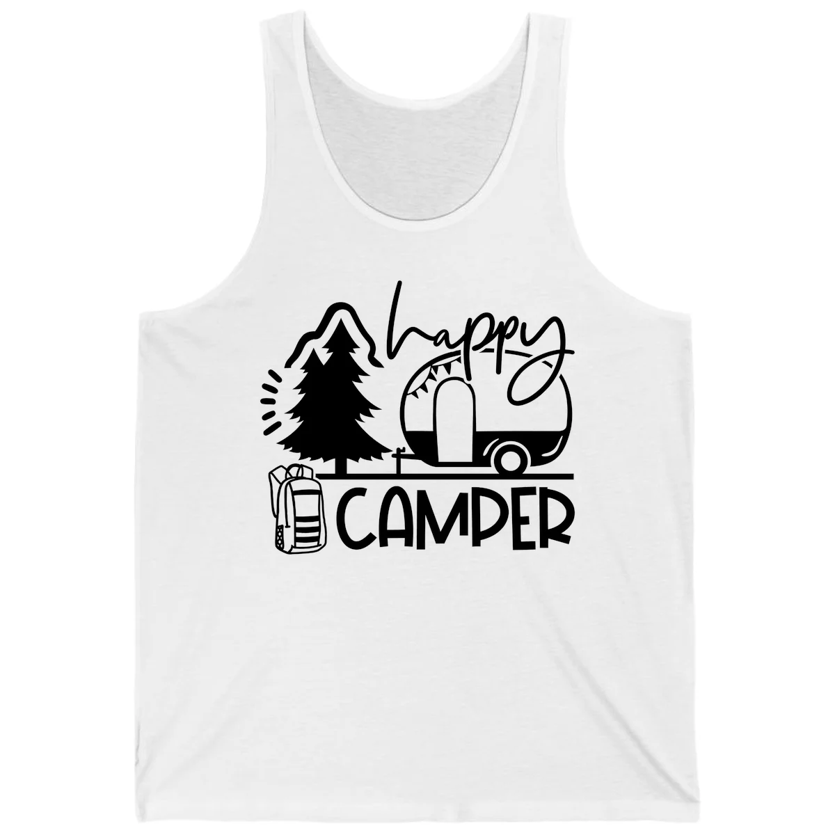 Happy Camper design with evergreen tree, vintage teardrop trailer, backpack, and radiating light rays in white on gray background. in White