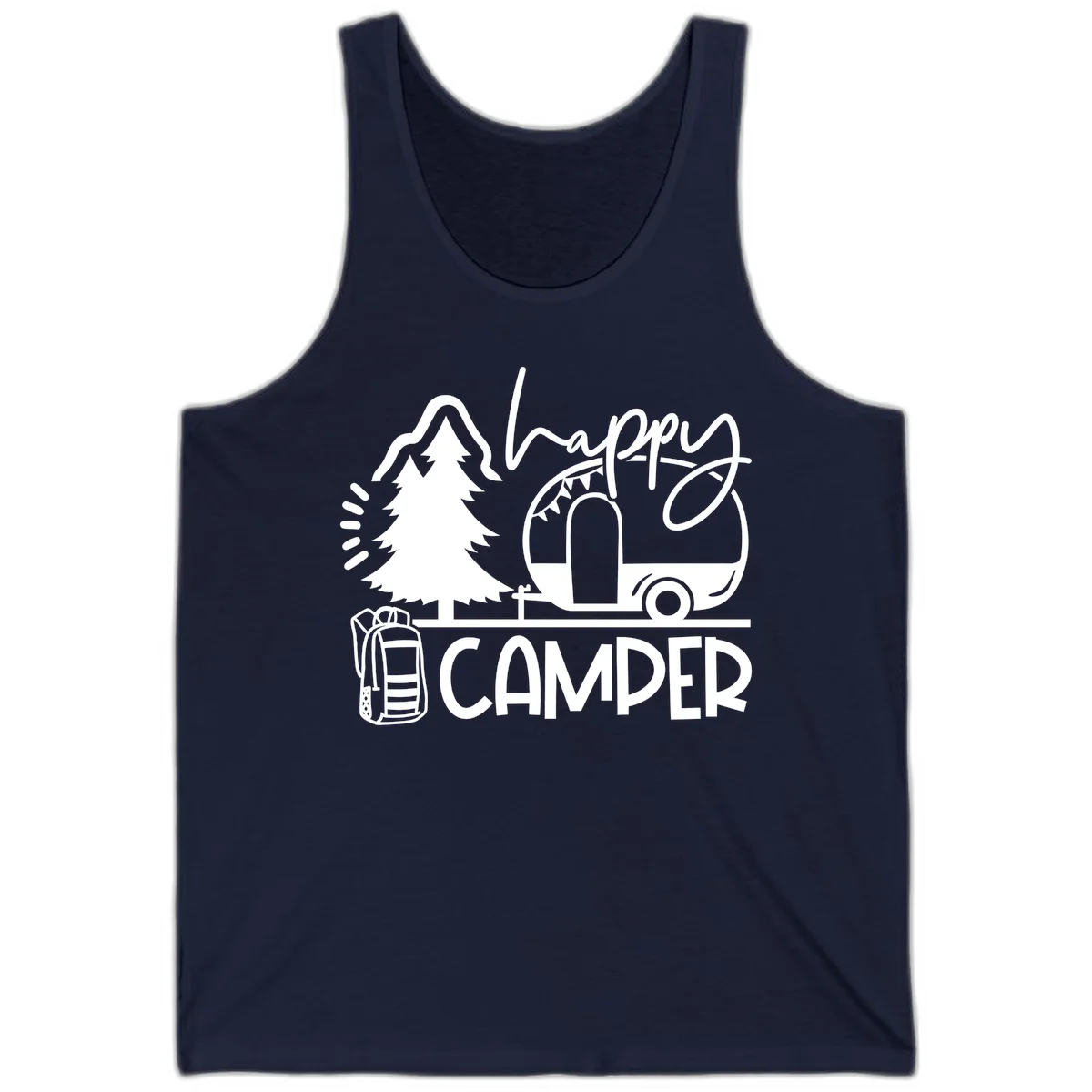 Happy Camper design with evergreen tree, vintage teardrop trailer, backpack, and radiating light rays in white on gray background. in Navy