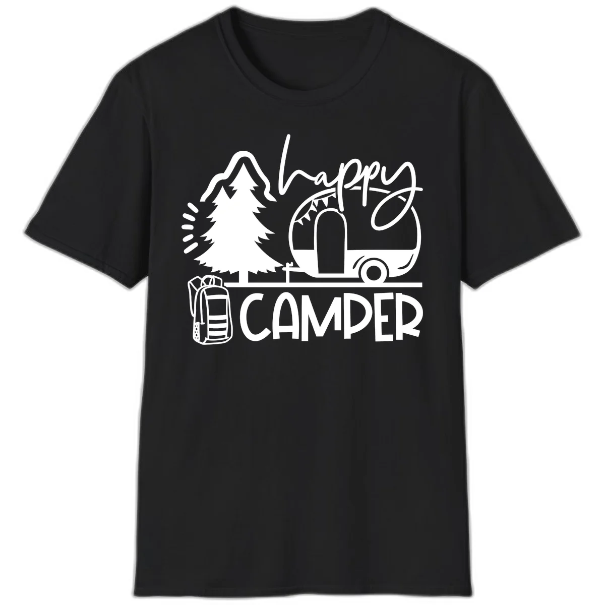 Happy Camper design with evergreen tree, vintage teardrop trailer, backpack, and radiating light rays in white on gray background. in Black