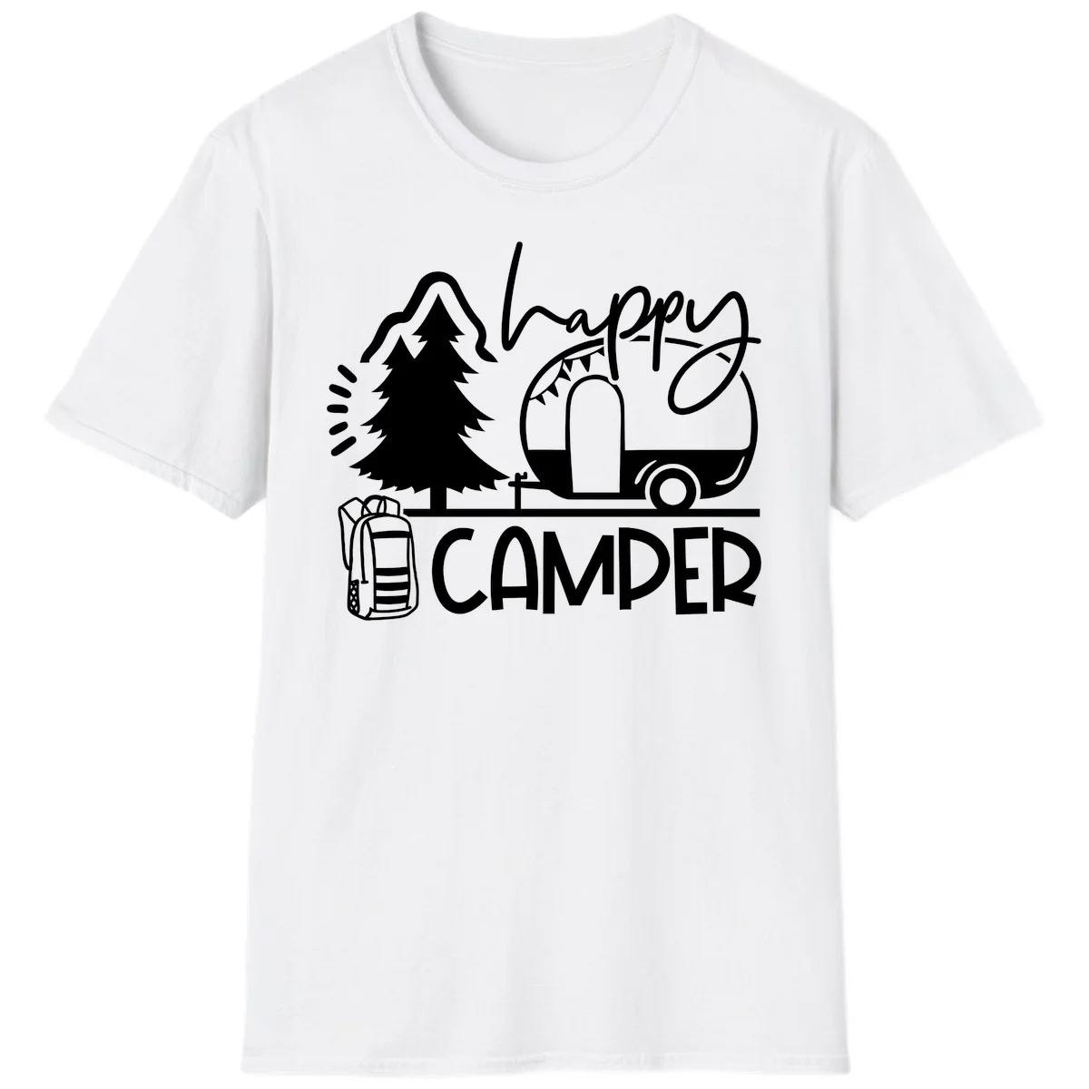 Happy Camper design with evergreen tree, vintage teardrop trailer, backpack, and radiating light rays in white on gray background. in White